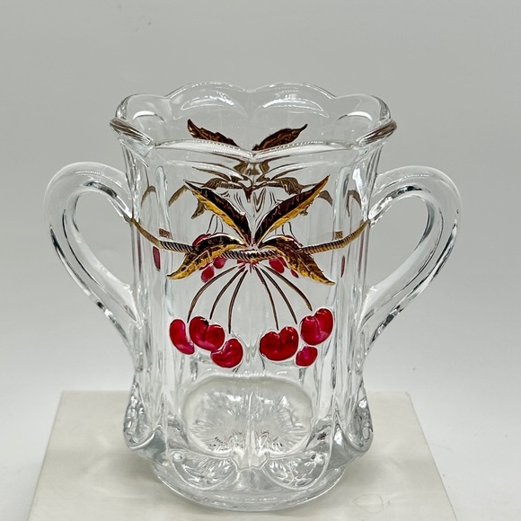 MOSSER Glass Cherry Thumbprint Celery Vase Decorated 5.5" Clear w/Red & Gold - Picture 1 of 6